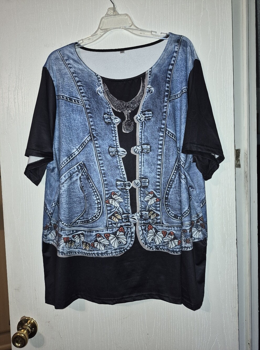 Denim Print Tunic Top with Floral Trim